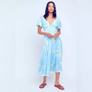 Free People Laura Floral Sky Blue Satin Classic Puff Sleeve Tea Midi Dress